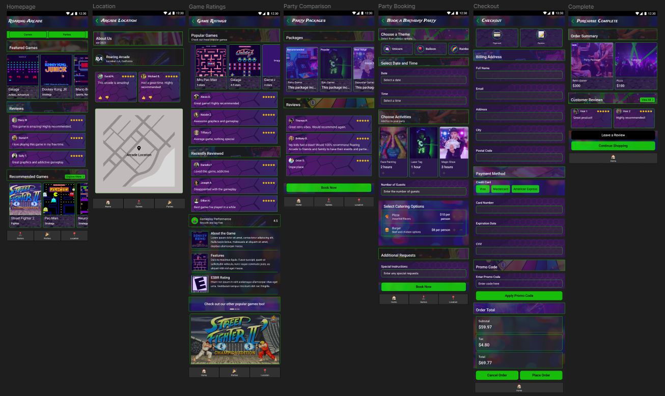 Arcade Booking App complete user journey - 7 connected screens showing homepage featured games, location browsing with map, game ratings and reviews, party package selection, party booking with date and time, checkout with billing and catering options, and purchase complete summary