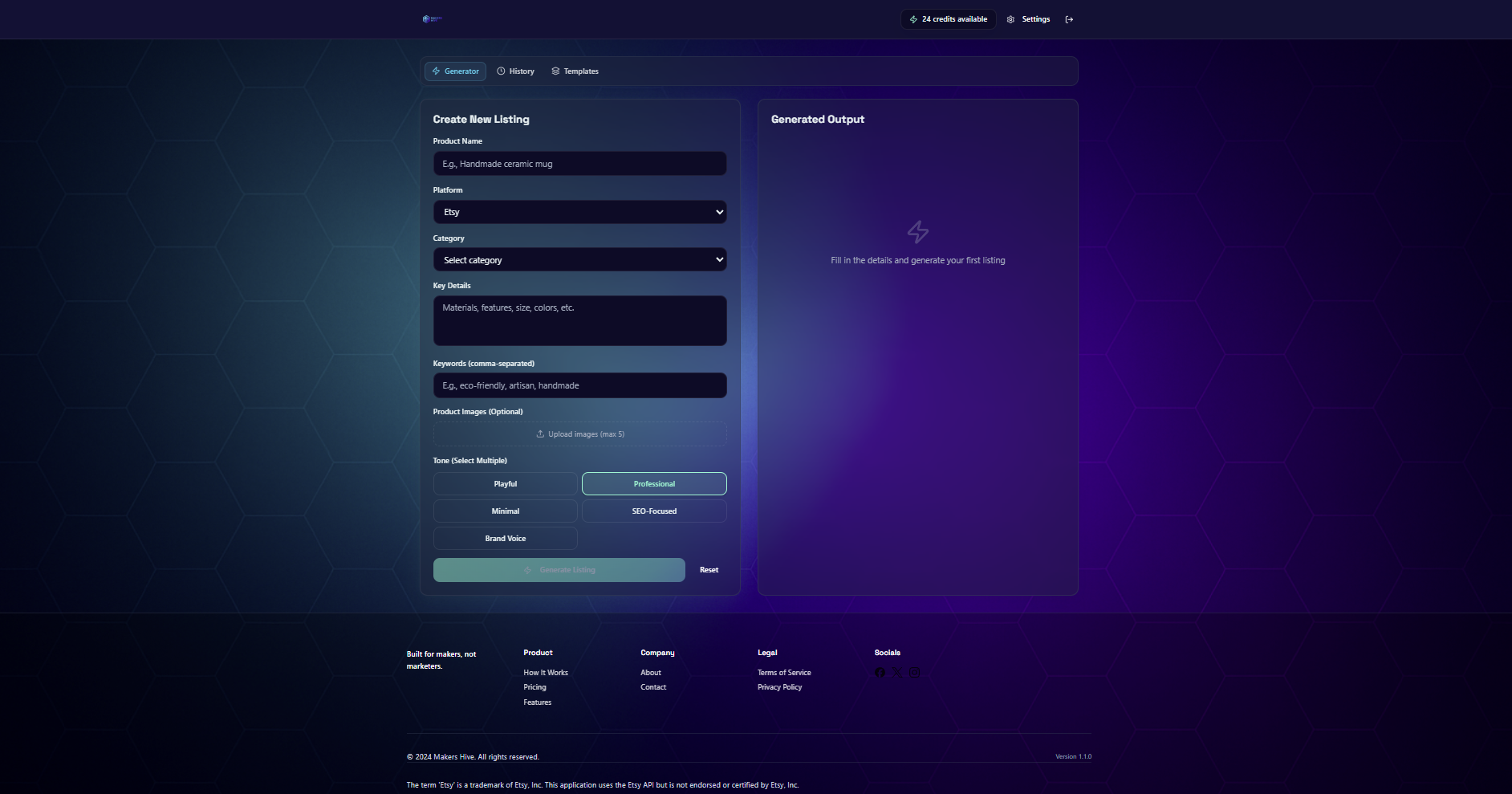 Makers Hive AI generator interface with tone selection playful professional minimal and brand voice customization