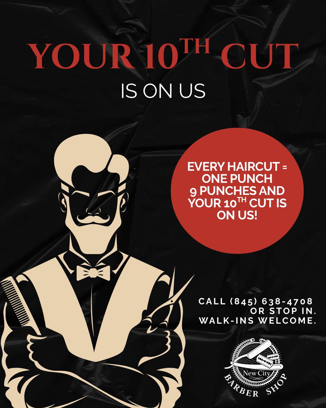 New City Barber your 10th cut is on us loyalty program campaign
