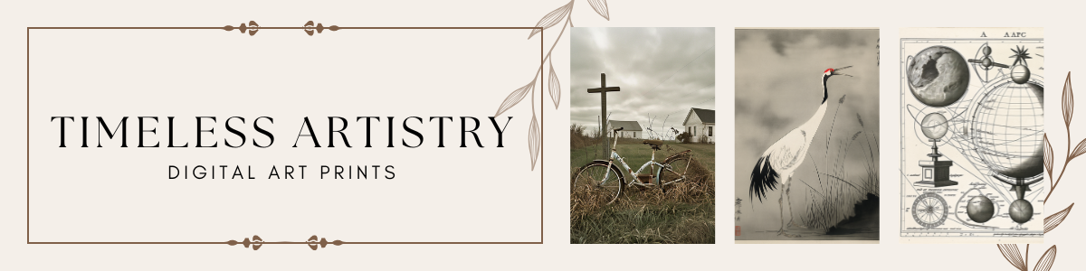 Timeless Artistry digital art prints banner with vintage photography and ornate borders