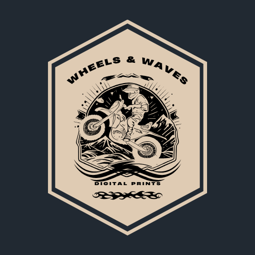 Wheels and Waves hexagonal badge logo with motocross rider illustration